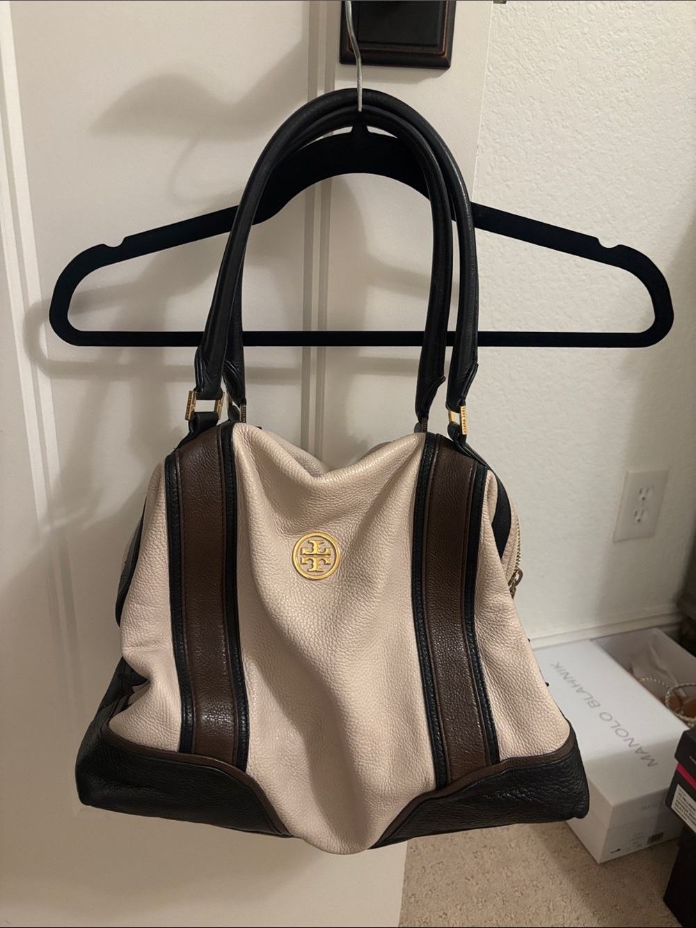 Tory Burch Cream and Brown Pebbled Leather Shoulder Bag with Black Trim